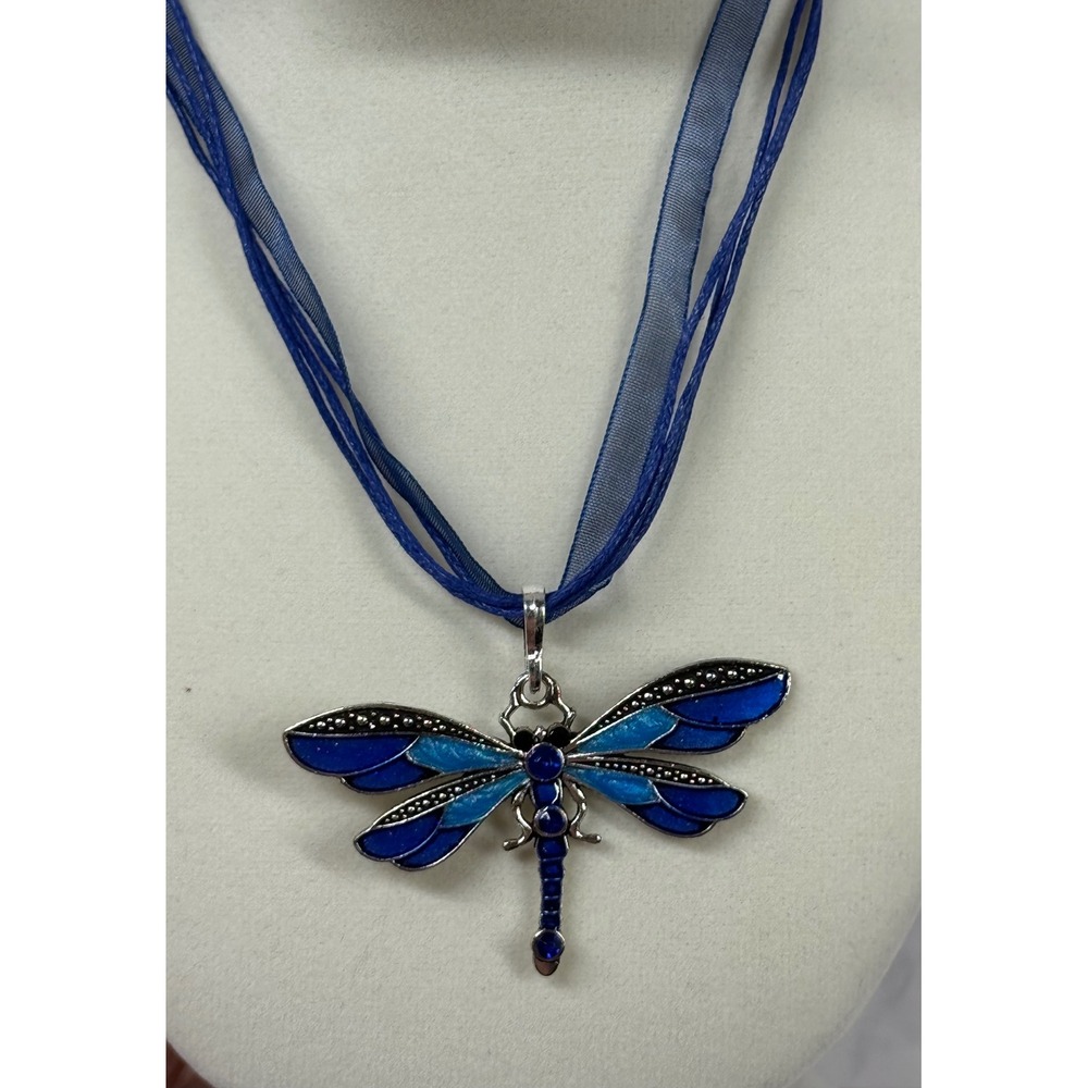Blue Enamel Dragonfly Pendant Necklace Silver Tone Rhinestone Ribbon Cord 19 In